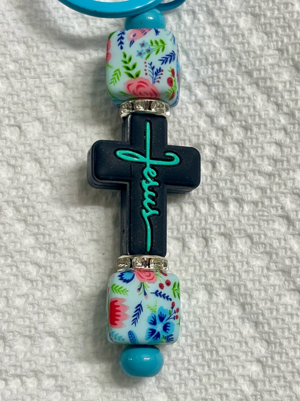 NIP Turquoise Blue Cross Keychain with Floral Beads